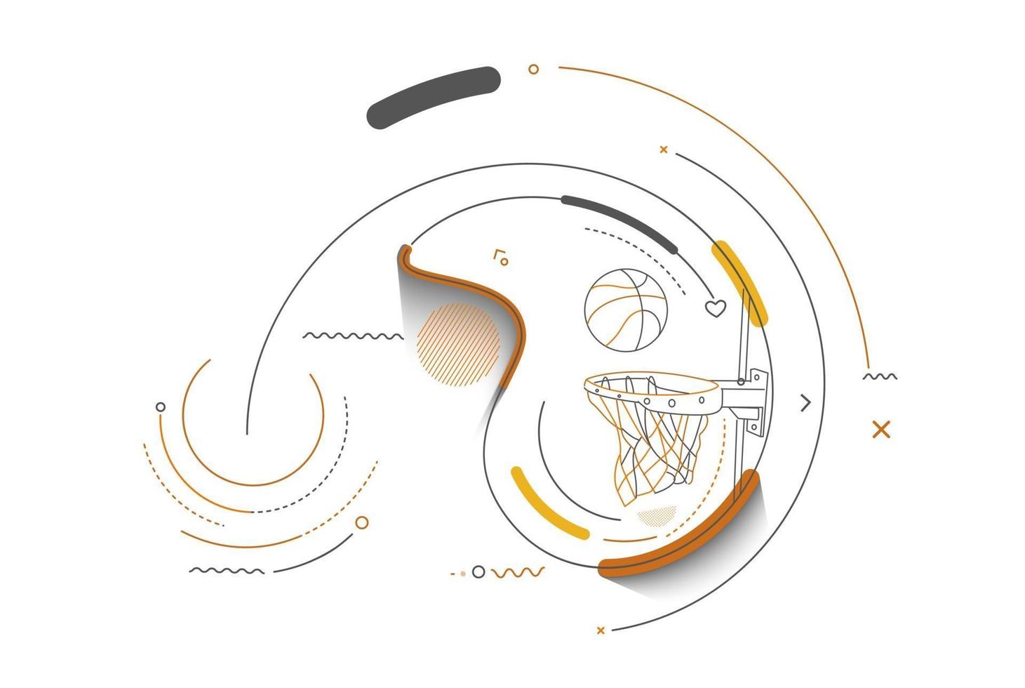 tiro de la canasta de baloncesto, aro, juego, ilustración de vector de arte de línea colorida.