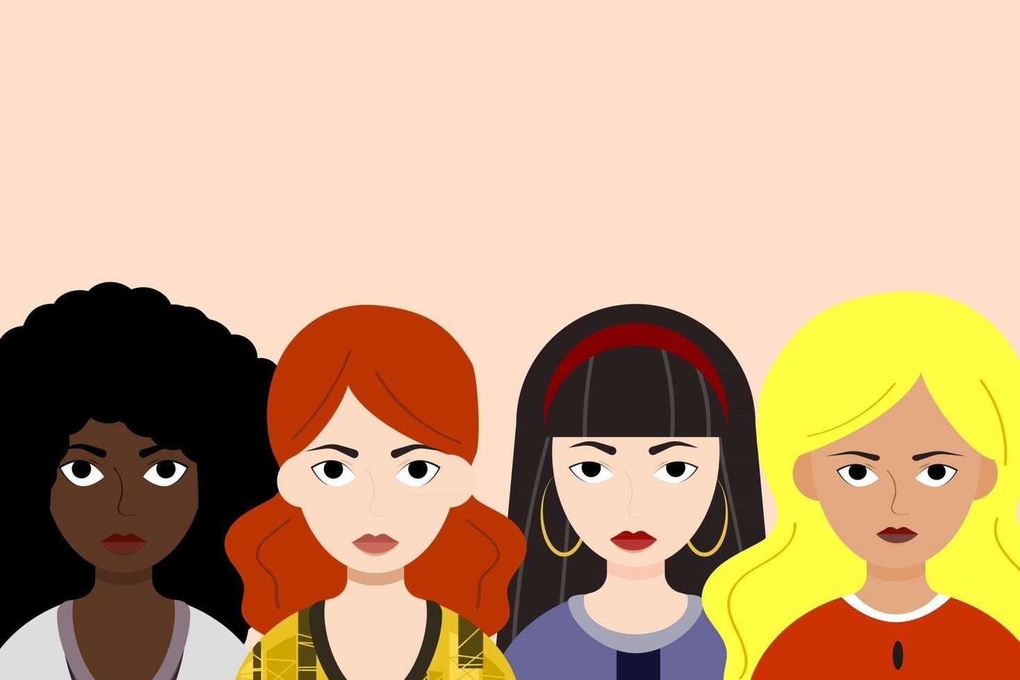 movimiento de empoderamiento de la mujer. 8 de marzo, día internacional de la mujer. diseño de concepto de feminismo. un grupo de personas, chicas. cuatro mujeres de diferentes nacionalidades y culturas unidas. vector