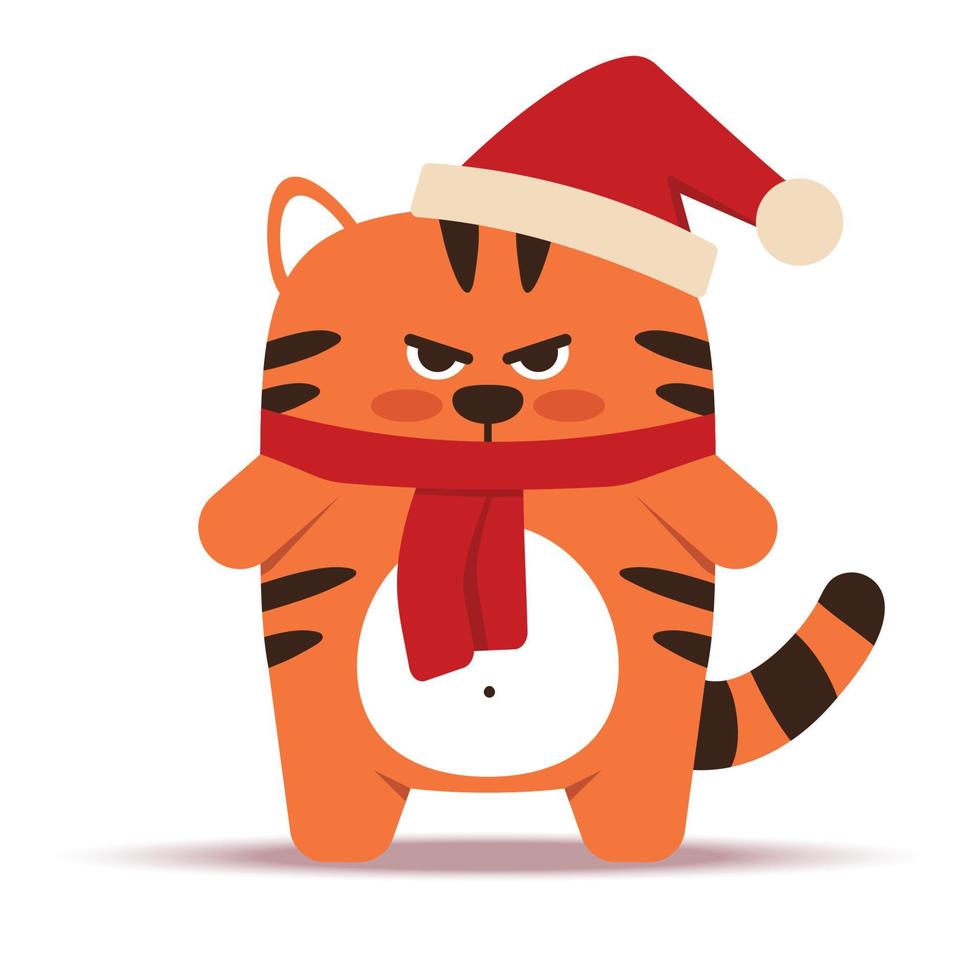 Cute little orange tiger cat in a flat style. The symbol of the Chinese New Year 2022. Animal with a Christmas cap and scarf. An angry sullen tiger standing. For nursery decor. Vector illustration.