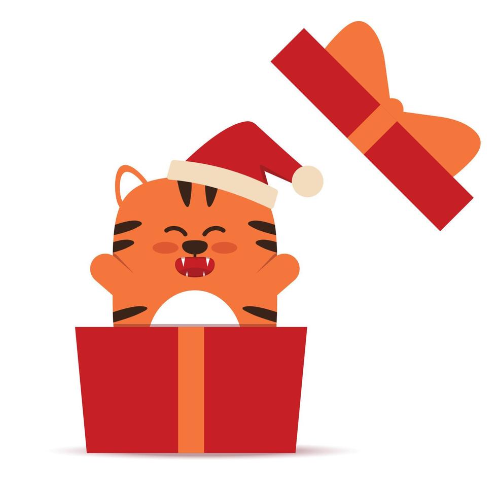 lindo gatito tigre naranja en un estilo plano. el símbolo del año nuevo chino 2022. animal con un gorro navideño en una caja de regalo. para banner, decoración infantil. ilustración vectorial. vector