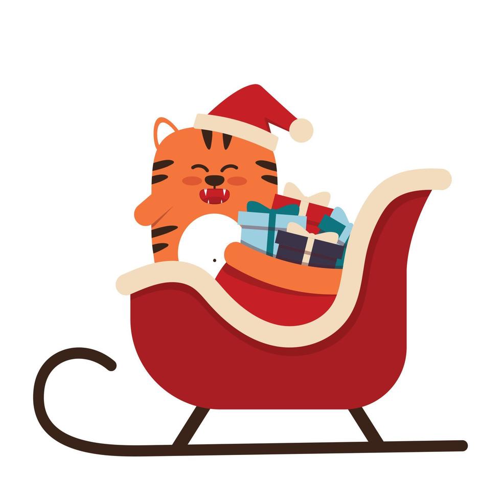 lindo gatito tigre naranja en un estilo plano. el símbolo del año nuevo chino 2022. un animal con un gorro navideño con regalos en un trineo. para banner, decoración infantil. ilustración vectorial. vector