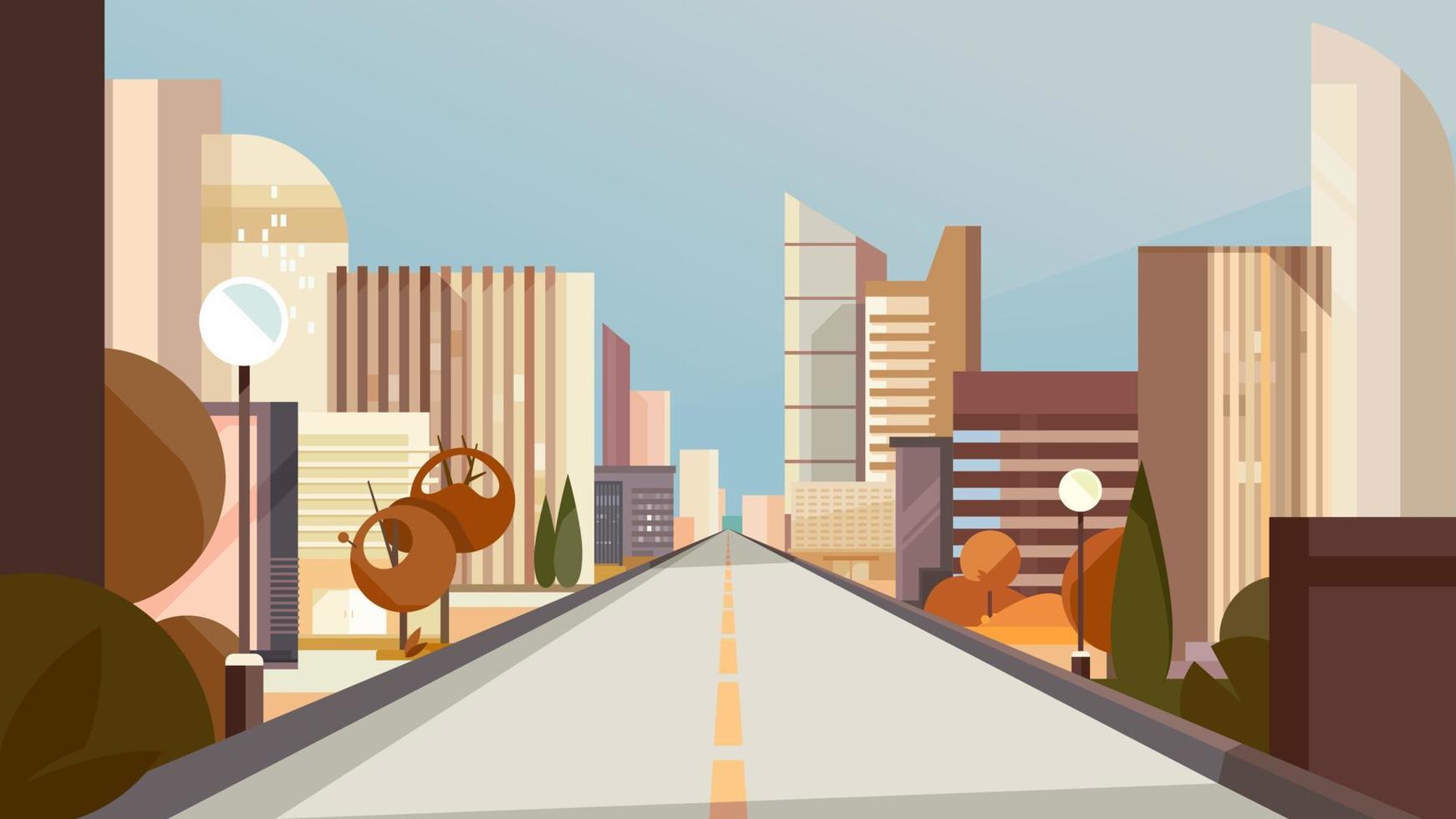 City road in autumn season. Cityscape in flat style. vector