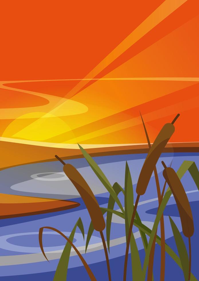 Landscape with reeds at sunset. Nature scenery in vertical orientation vector