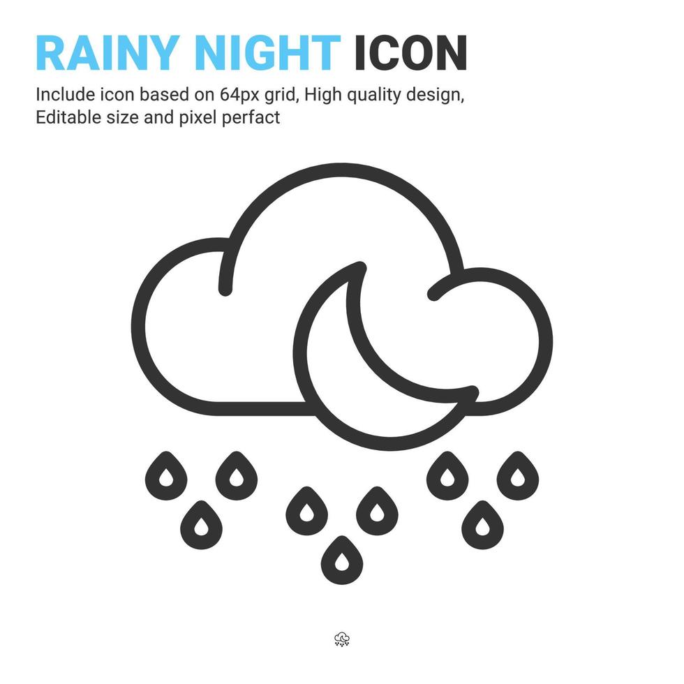 vector de icono de noche lluviosa con estilo de contorno aislado sobre fondo blanco. ilustración vectorial concepto de icono de símbolo de signo de lluvia y luna para digital, logotipo, naturaleza, ecología, aplicación, web, ui, ux y proyecto