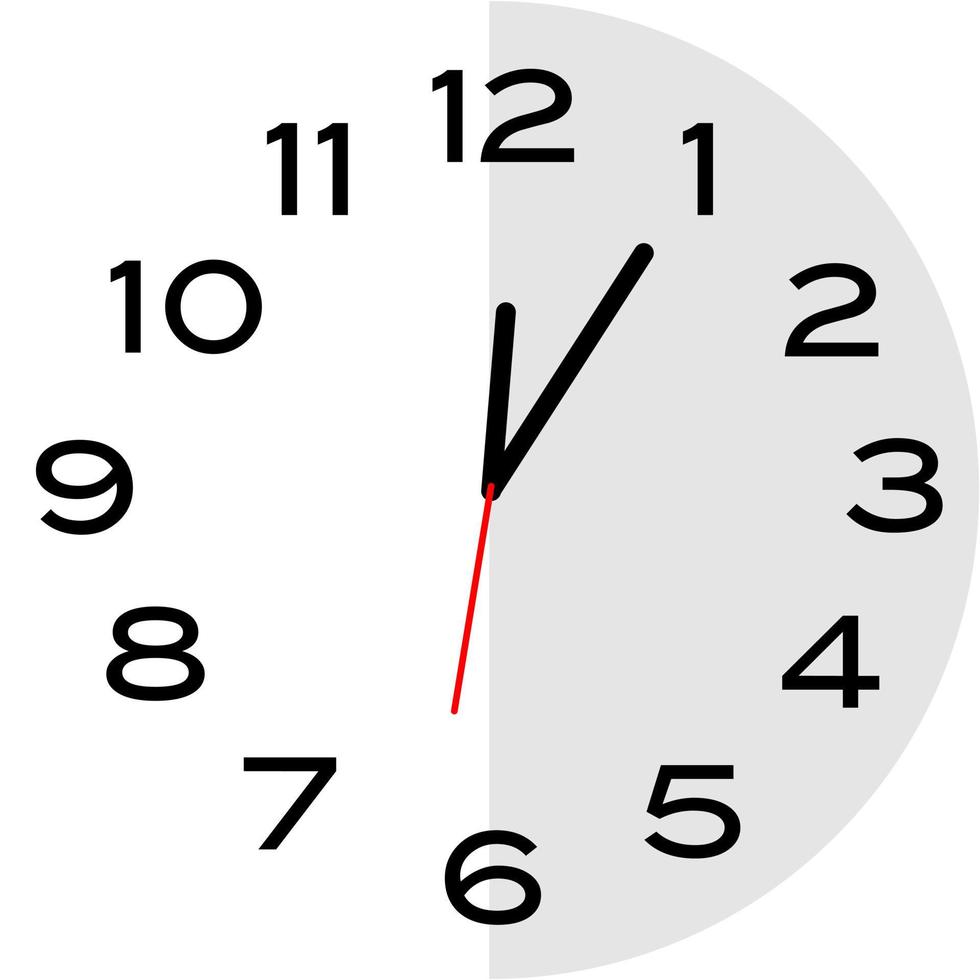 5 minutes past 12 o'clock analog clock icon vector