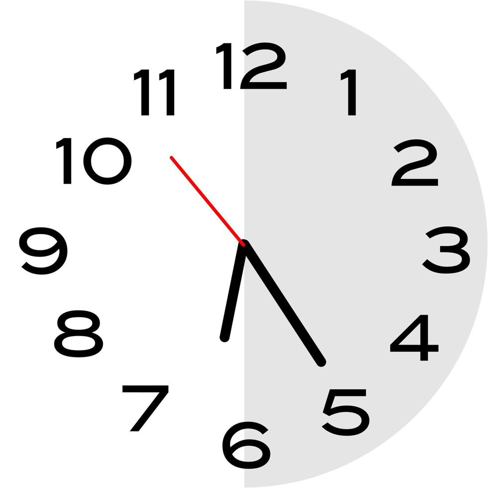 25 minutes past 6 o'clock analog clock icon vector