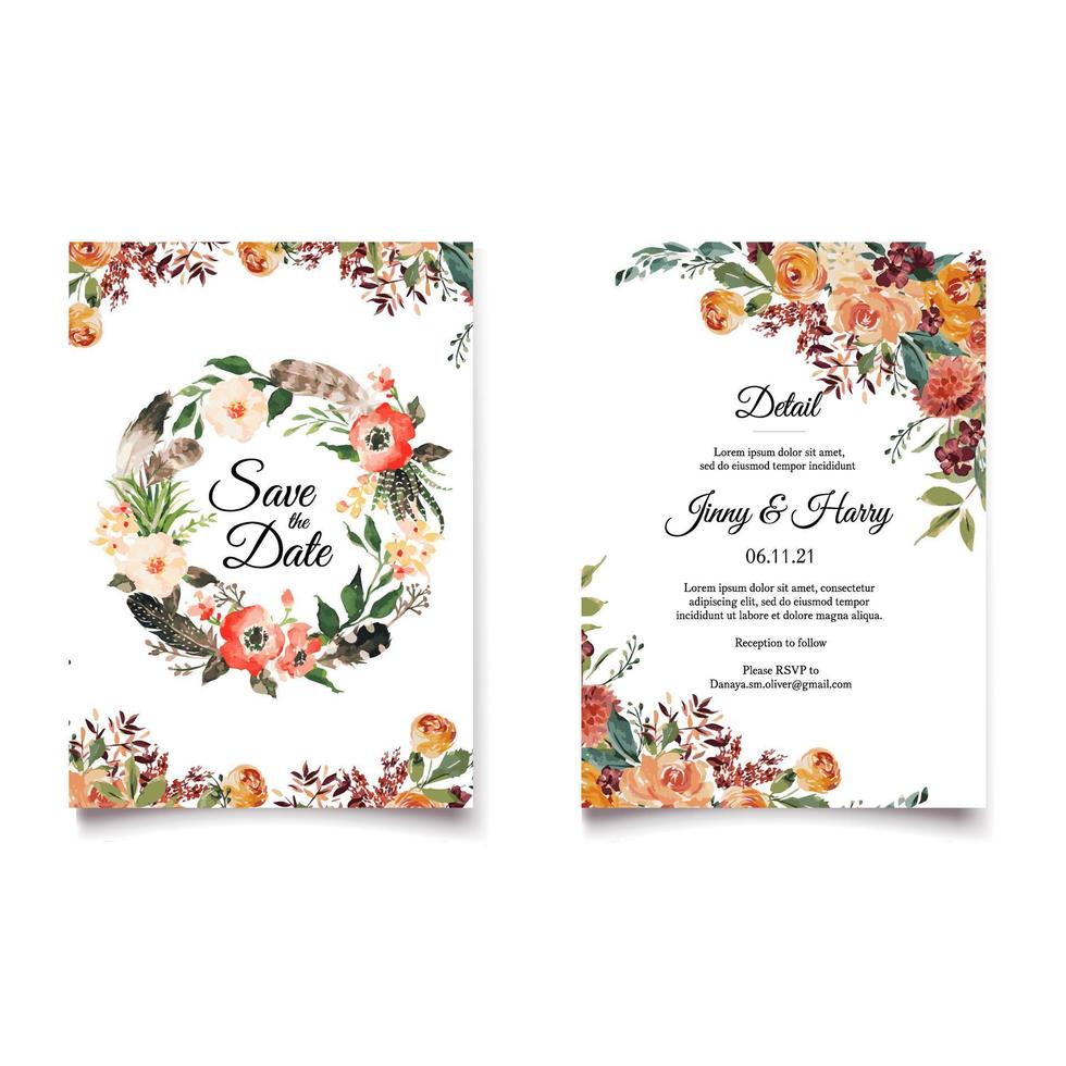 Romantic watercolor wedding invitation and menu template vector