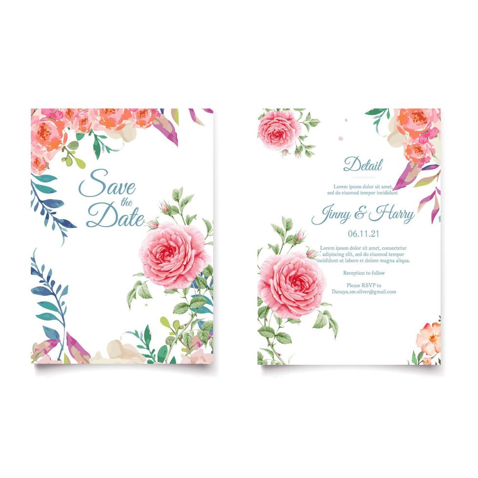 Romantic watercolor wedding invitation and menu template vector