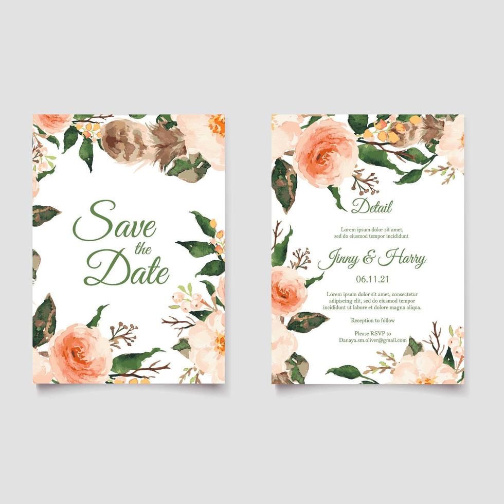 Romantic watercolor wedding invitation and menu template vector