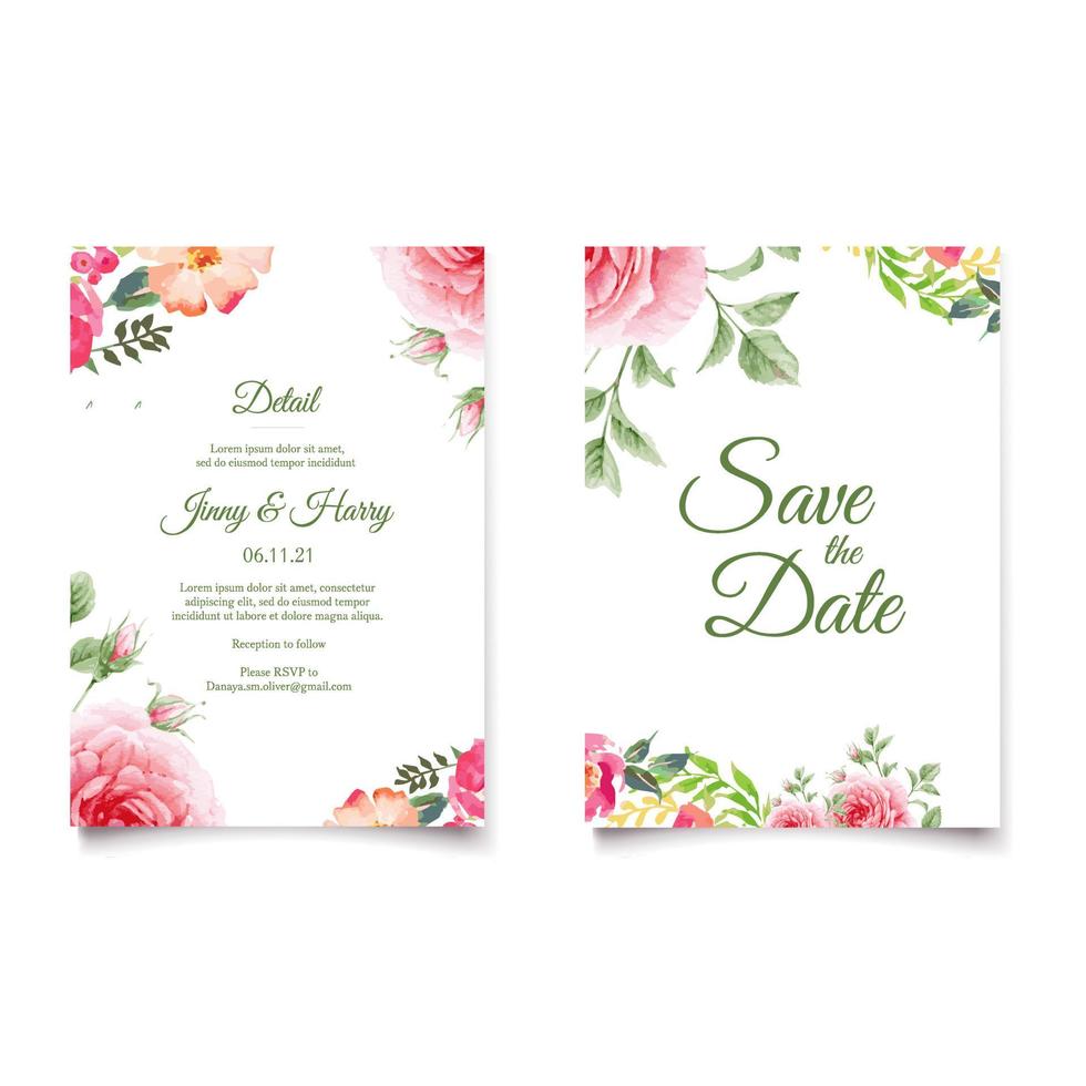 Romantic watercolor wedding invitation and menu template vector