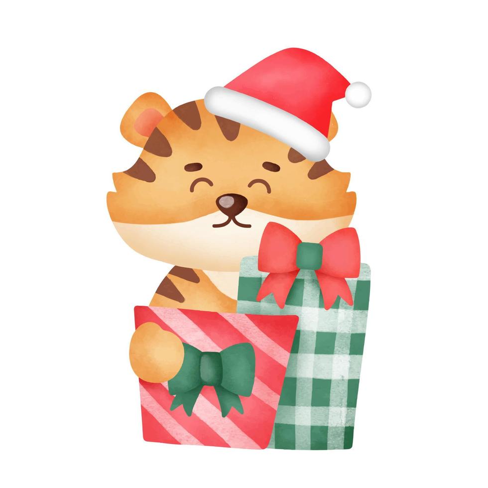 Christmas greeting card with cute tigerand gift boxes in watercolor style. vector