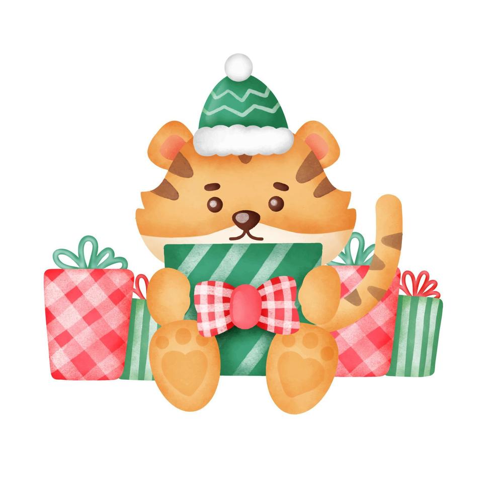 Christmas greeting card with cute tiger and gift boxes in watercolor style. vector