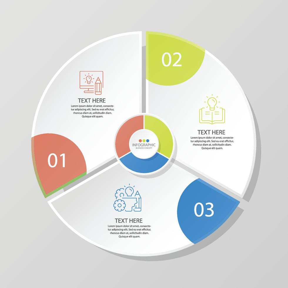 Plantilla de infografía de círculo básico con 3 pasos. vector