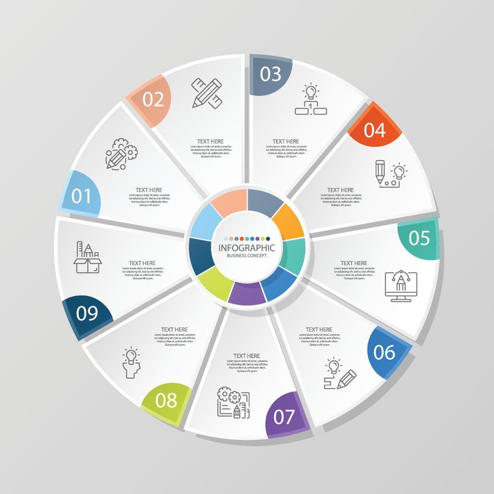 Plantilla de infografía de círculo básico con 9 pasos, vector