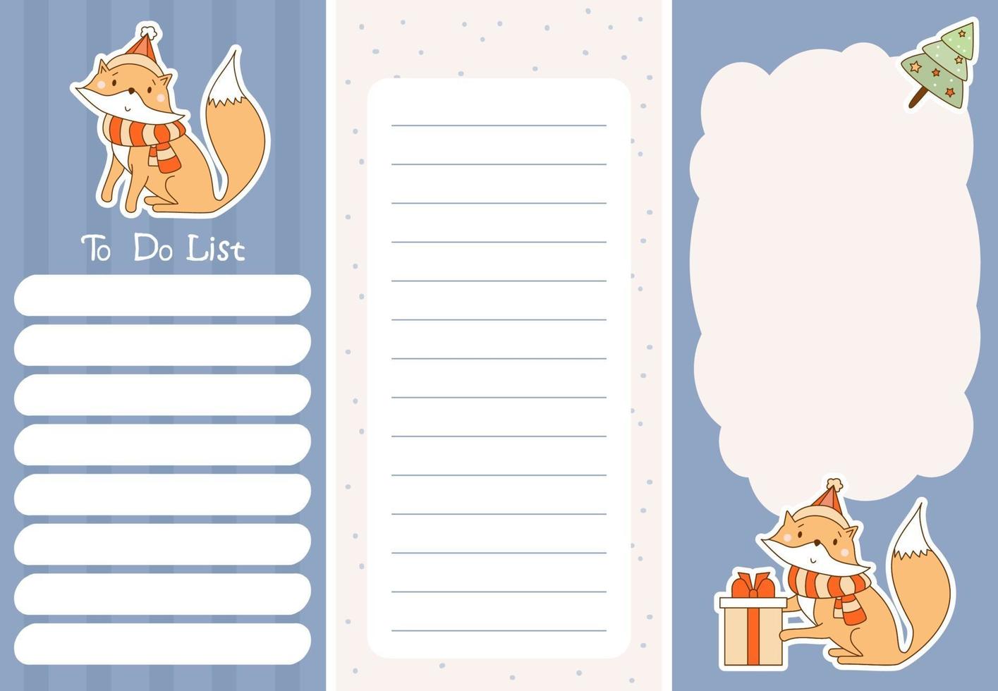 Set of daily planner, note paper, to do list with Christmas fox vector