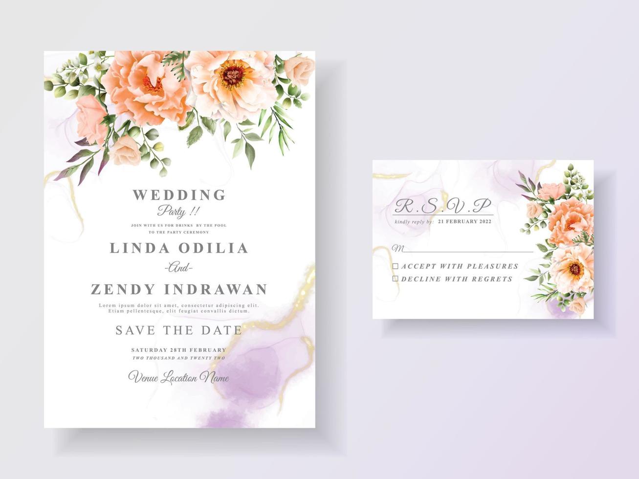 hermosa plantilla floral de invitación de boda dibujada a mano vector