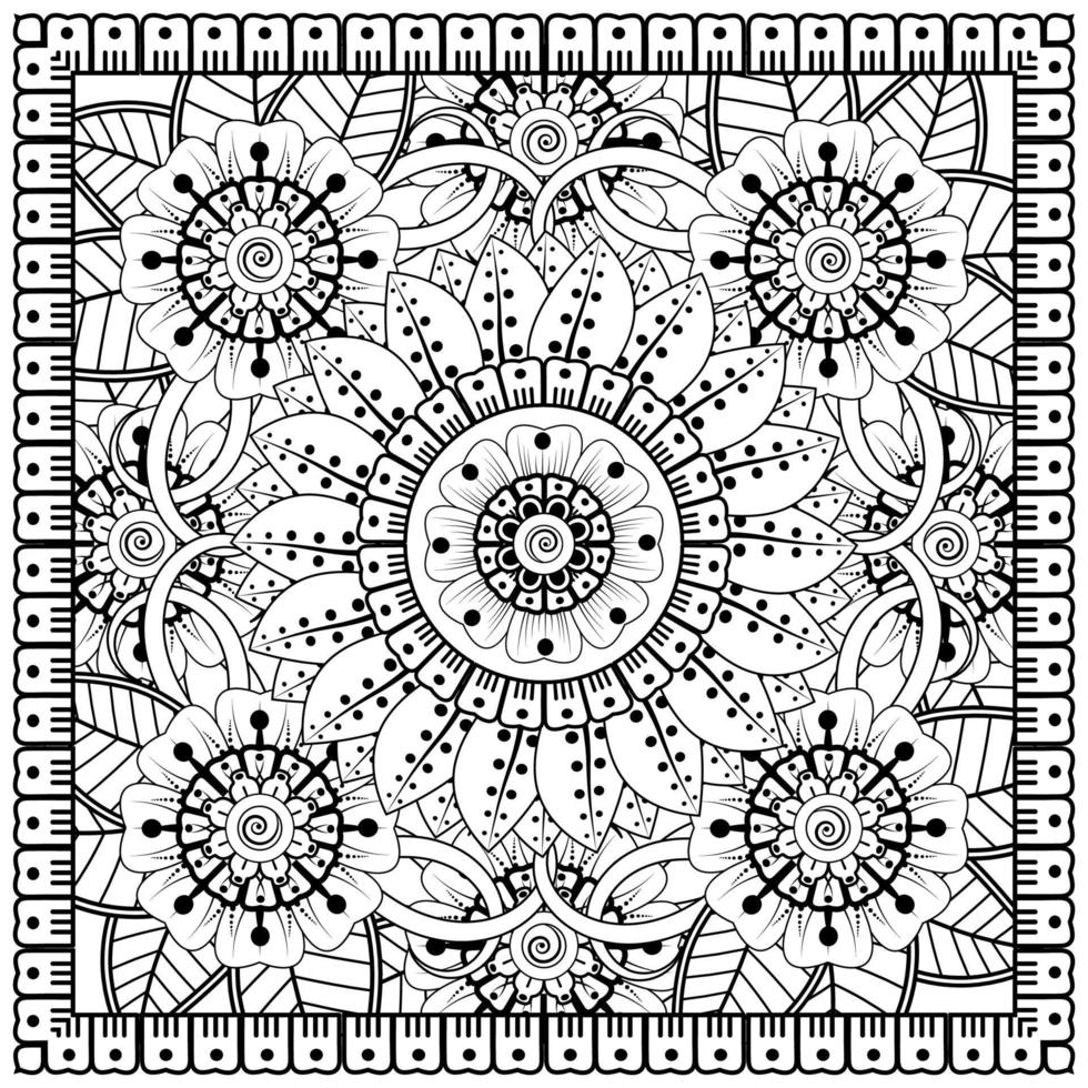 Outline square flower pattern in mehndi style for coloring book page vector