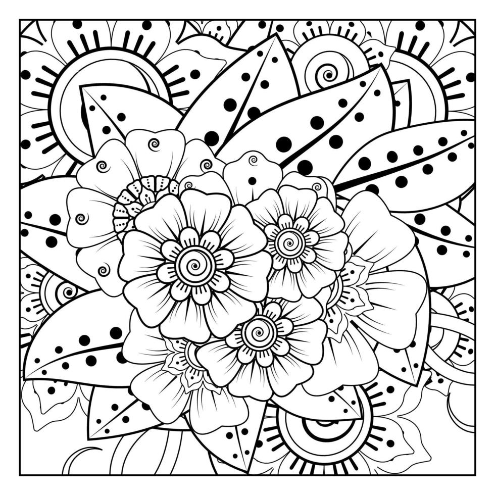 adorno decorativo de flores mehndi en estilo étnico oriental, adorno de doodle, dibujo a mano de contorno. página de libro para colorear. vector