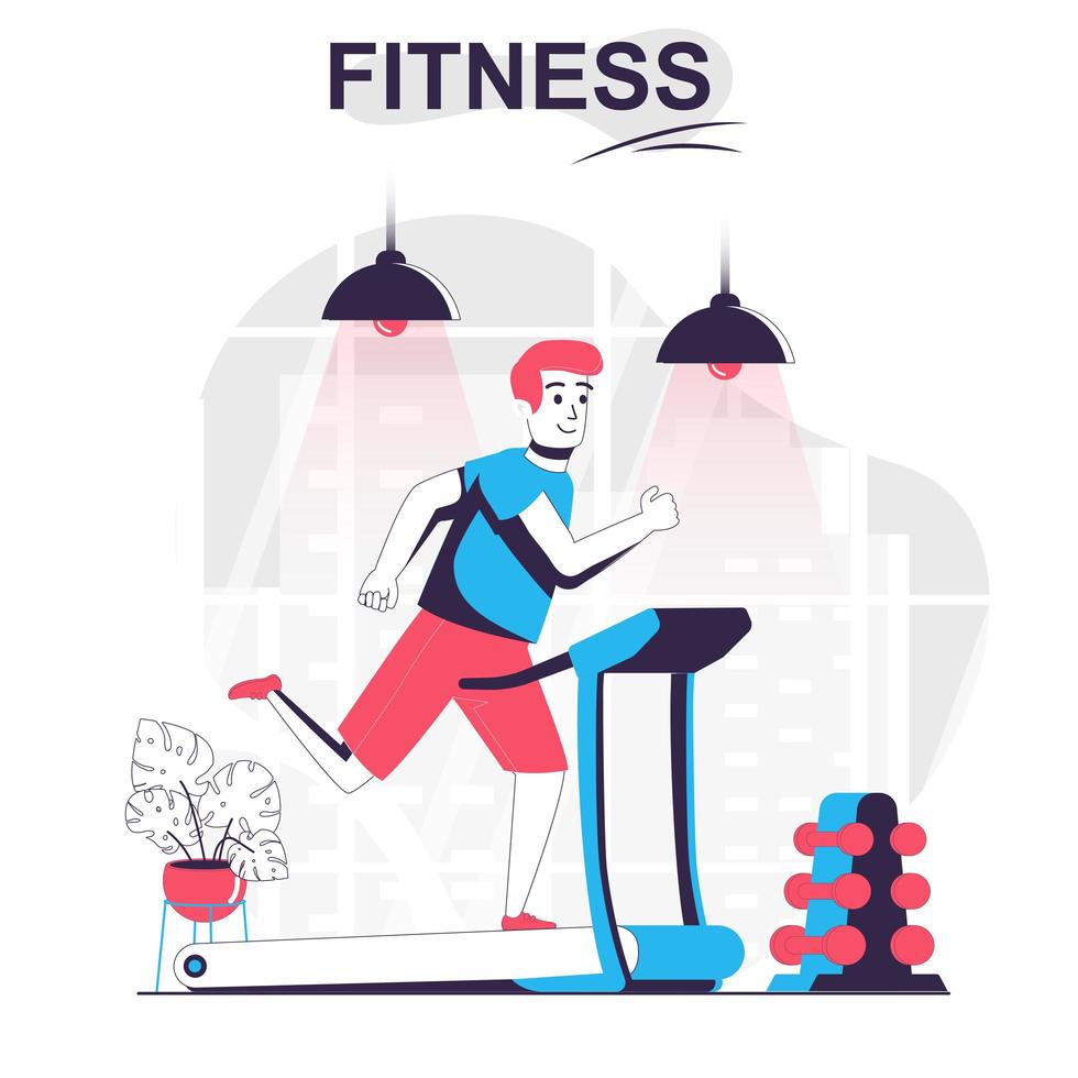Fitness isolated cartoon concept. Man running on treadmill, sports exercising at gym, workout people scene in flat design. Vector illustration for blogging, website, mobile app, promotional materials.