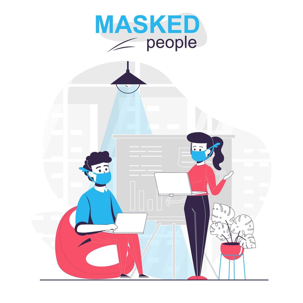 Masked people isolated cartoon concept. Employees wearing masks are working in office, people scene in flat design. Vector illustration for blogging, website, mobile app, mobile site.