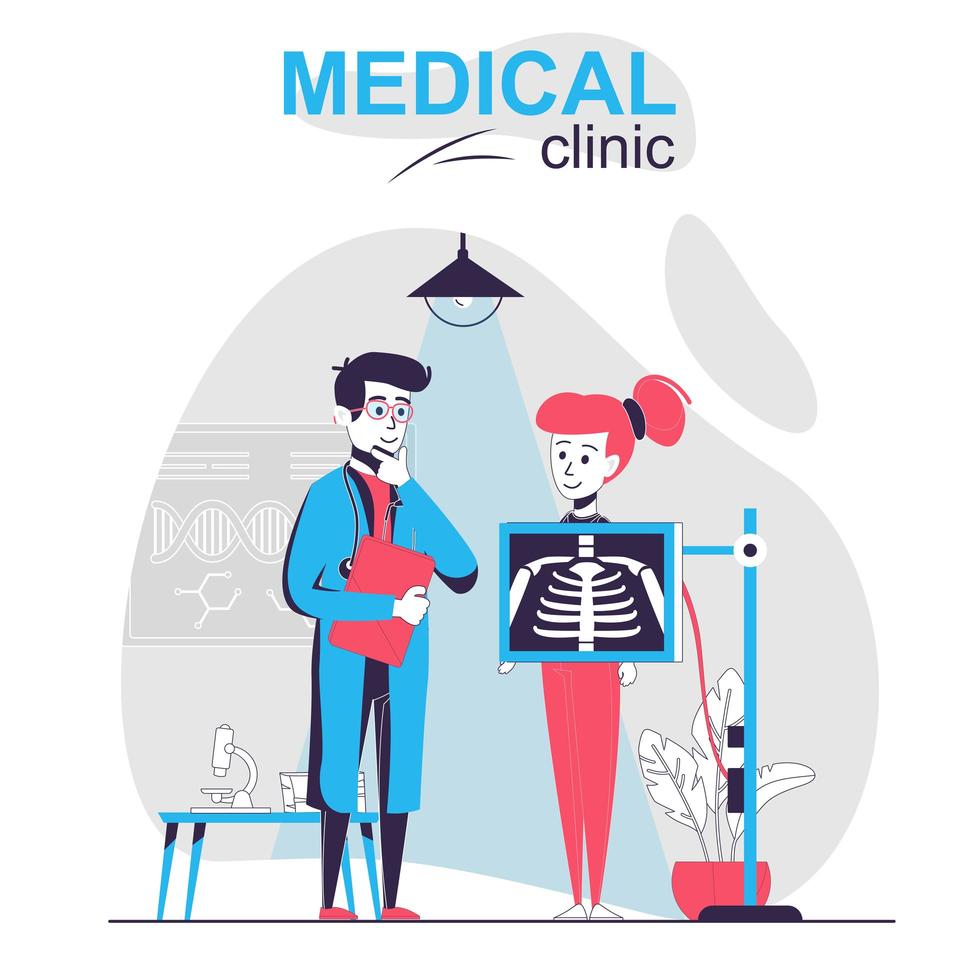 Medical clinic isolated cartoon concept. Woman makes chest x-ray, doctor examines patient, people scene in flat design. Vector illustration for blogging, website, mobile app, promotional materials.