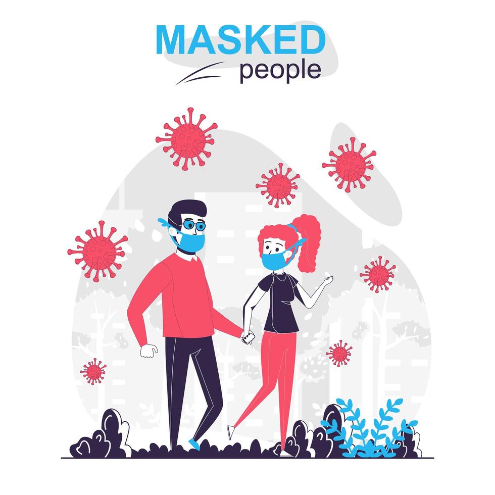 Masked people isolated cartoon concept. Man and woman wearing masks are walking in park, people scene in flat design. Vector illustration for blogging, website, mobile app, mobile site.