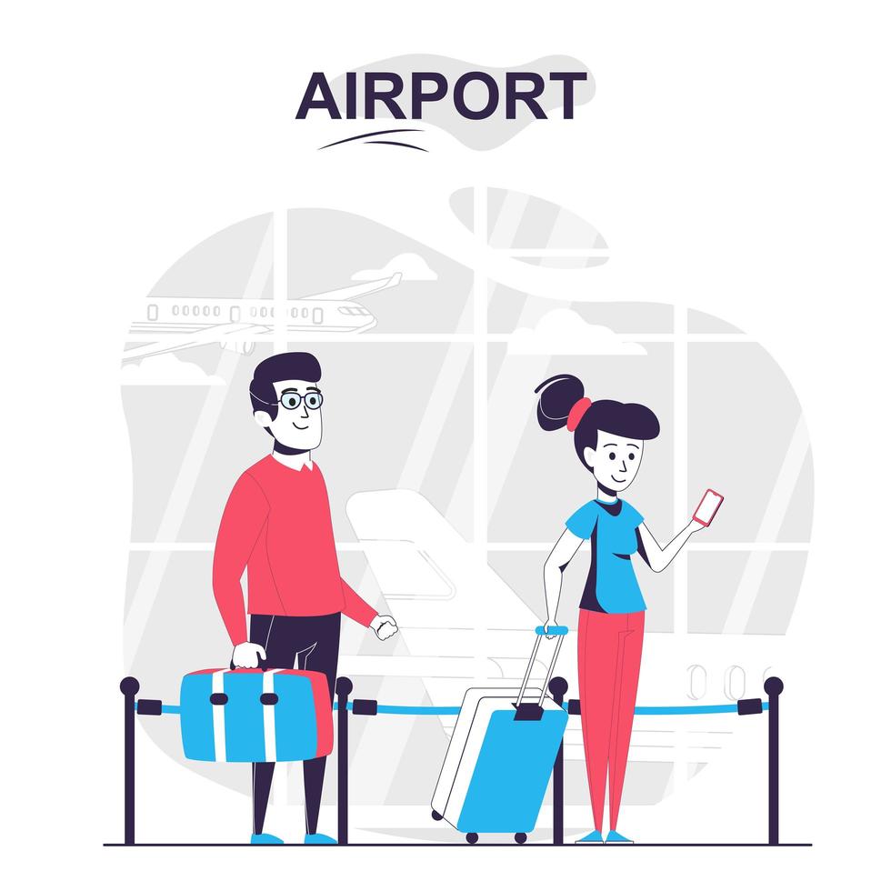 Airport isolated cartoon concept. Travelers with luggage waiting in line at tickets control, people scene in flat design. Vector illustration for blogging, website, mobile app, promotional materials.
