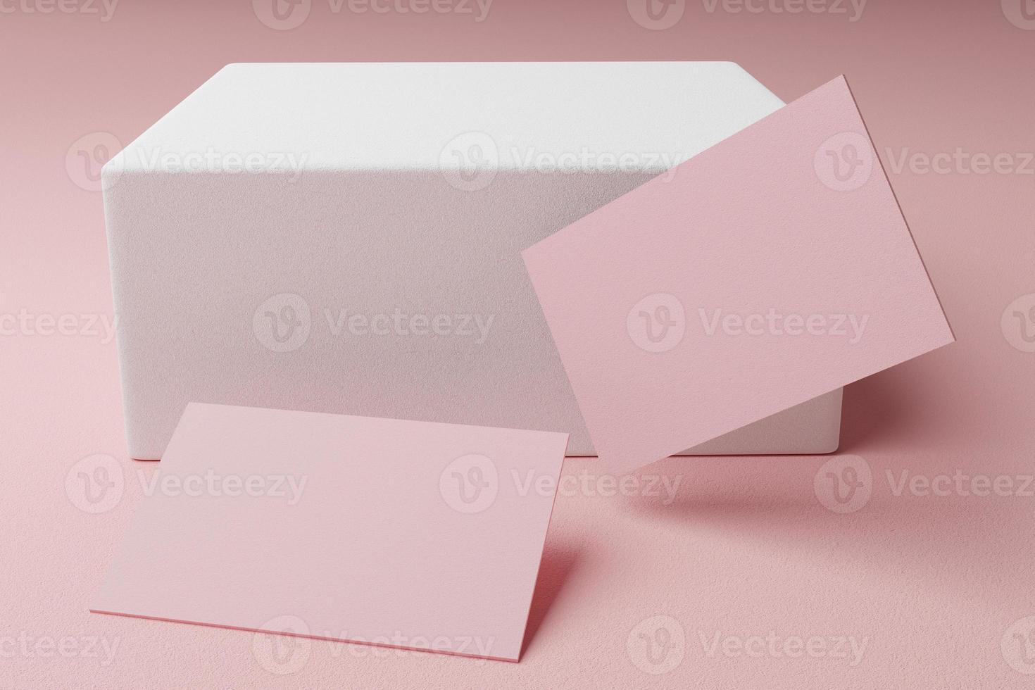 Pink pastel business card paper mockup template with blank space cover for insert company logo or personal identity on cardboard background. Modern style stationery concept. 3D illustration render photo