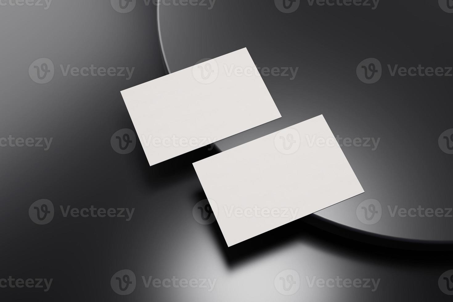 Plantilla de maqueta de papel de tarjeta de visita en blanco y negro con cubierta de espacio en blanco para insertar el logotipo de la empresa o identidad personal sobre fondo de piso de cromo negro. concepto moderno. Render de ilustración 3d foto