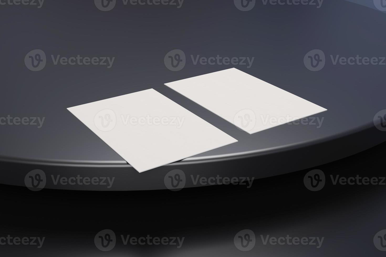 Black and white business card paper mockup template with blank space cover for insert company logo or personal identity on black chromium floor background. Modern concept. 3D illustration render photo