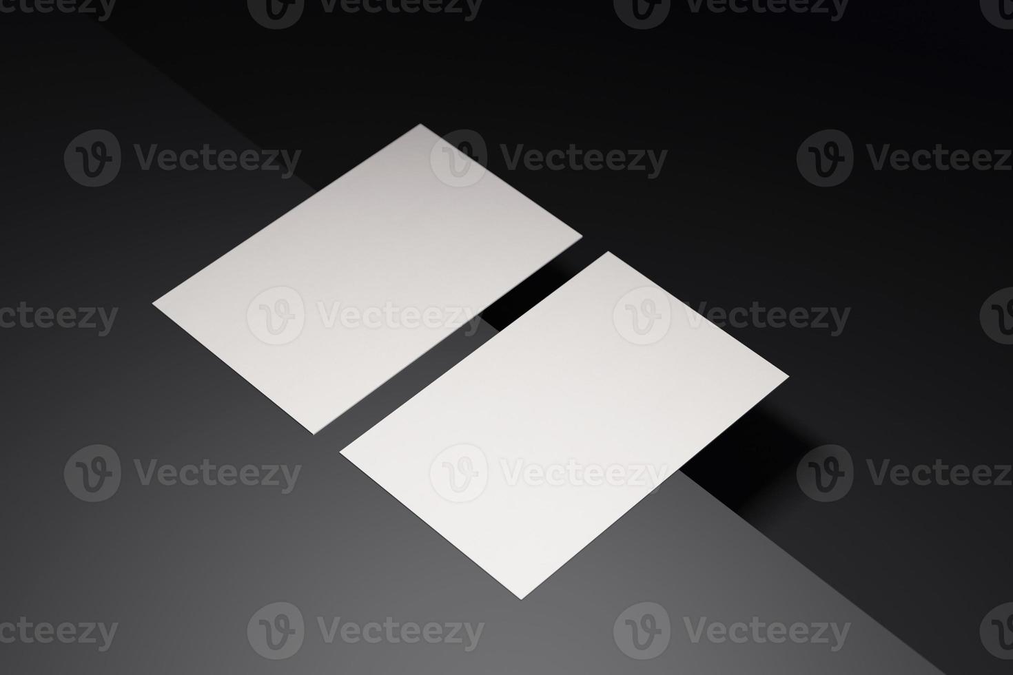 Black and white business card paper mockup template with blank space cover for insert company logo or personal identity on black chromium floor background. Modern concept. 3D illustration render photo