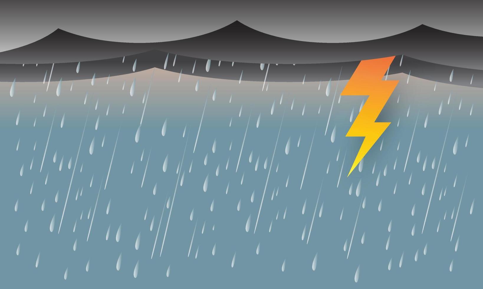 lluvia y tormenta con truenos relámpagos, clima de cielo negro, desastres naturales, diseño vectorial. vector