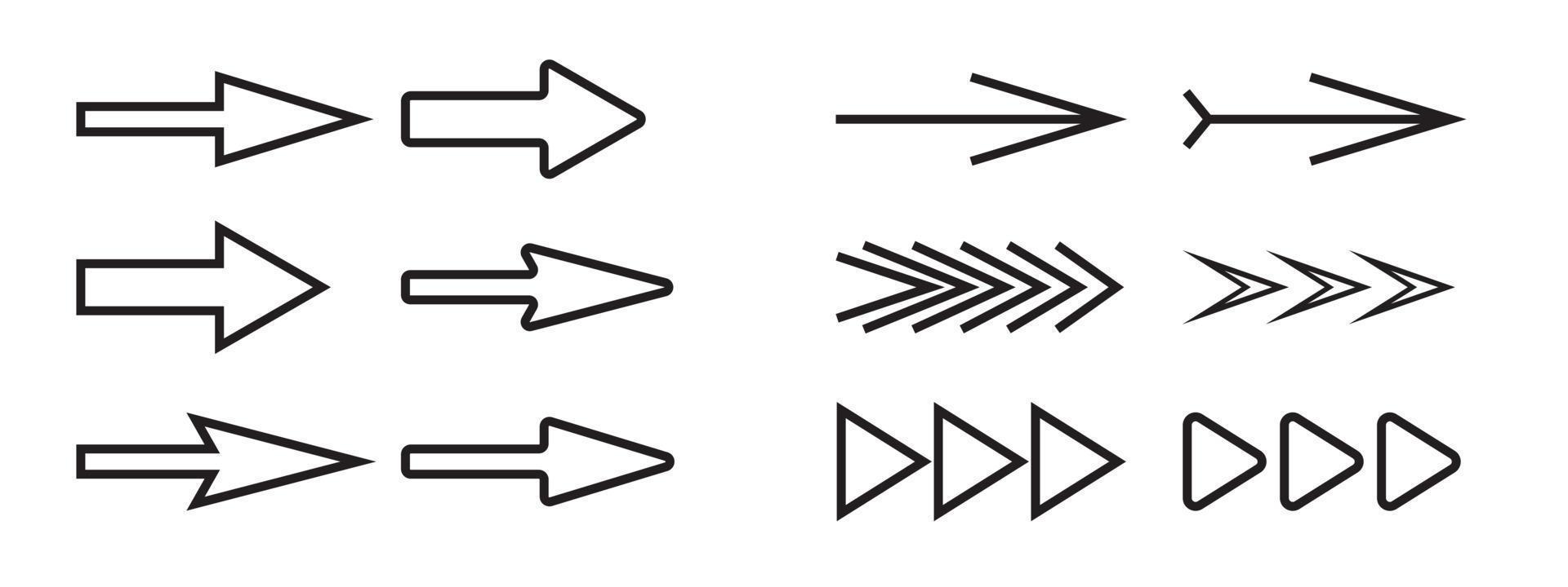 Black and white arrows of different shapes and lengths. Vector Illustration. EPS10