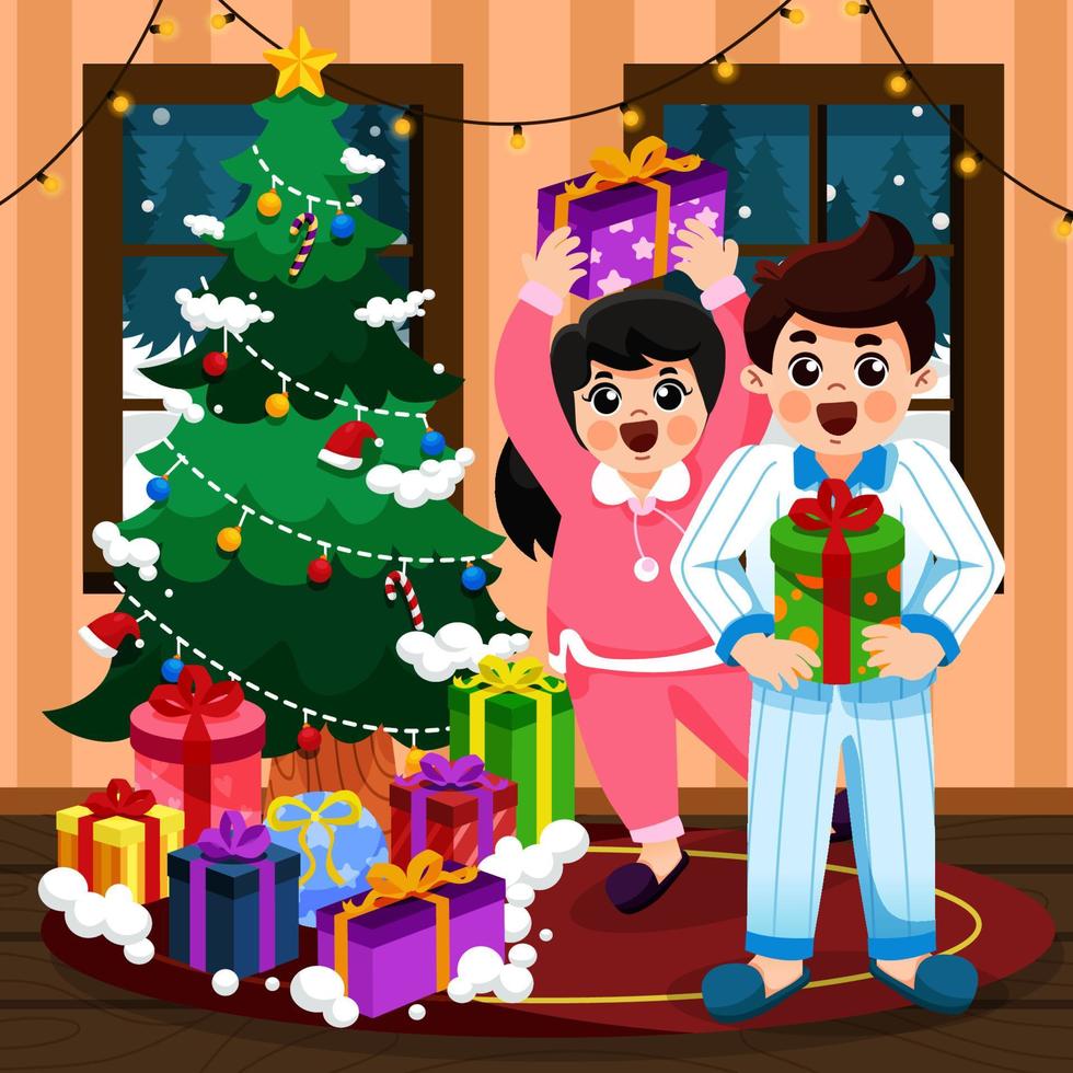 niños felices recibiendo regalo en un árbol de navidad vector