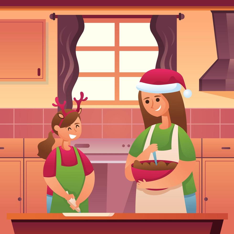 madre e hija haciendo galletas para navidad vector