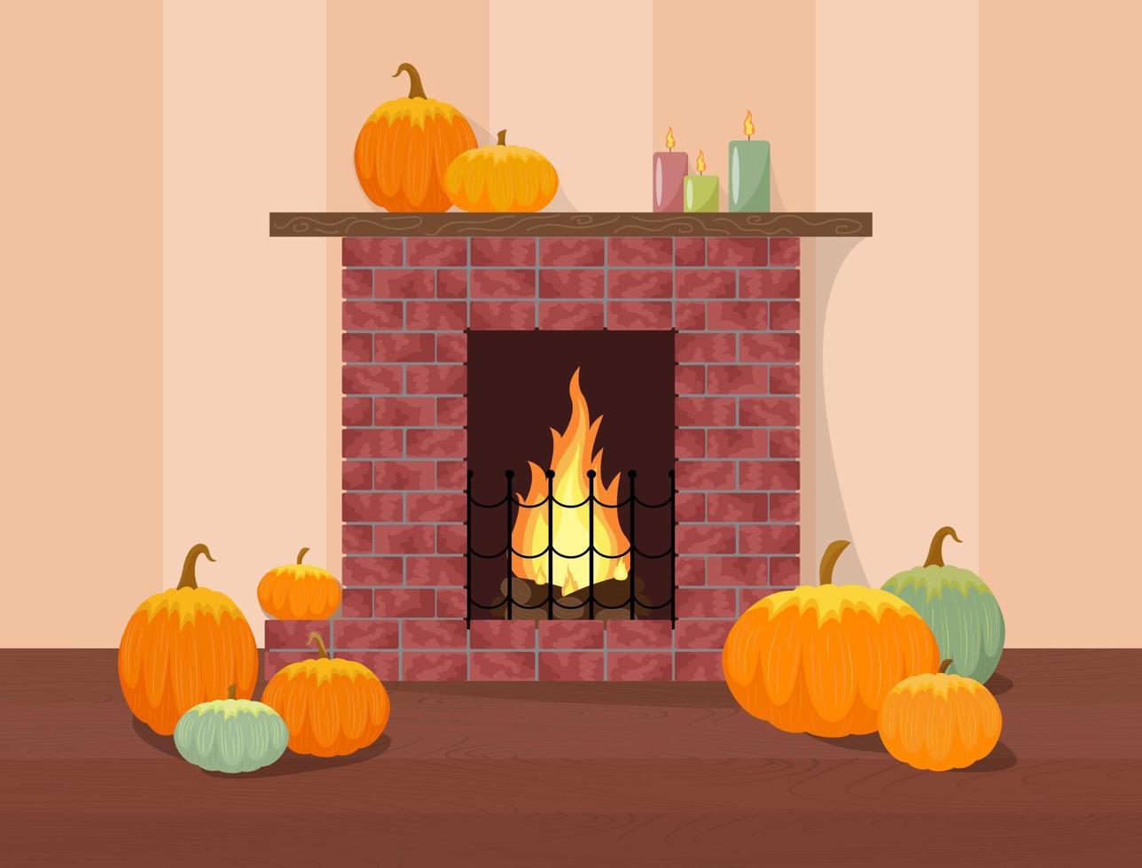 Fireplace and pumpkins. Cozy home in autumn. Harvesting concept. Pumpkin composition next to brick hearth. Vector illustration