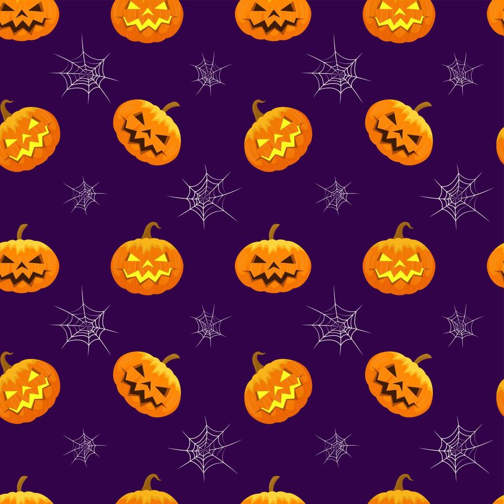 Halloween pattern. Carved glowing pumpkin and spiderweb. Seamless Halloween party holiday purple background. Vector illustration