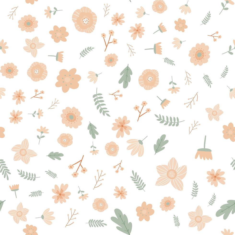 Vector floral pattern in doodle style with flowers and leaves. Gentle, spring floral background.