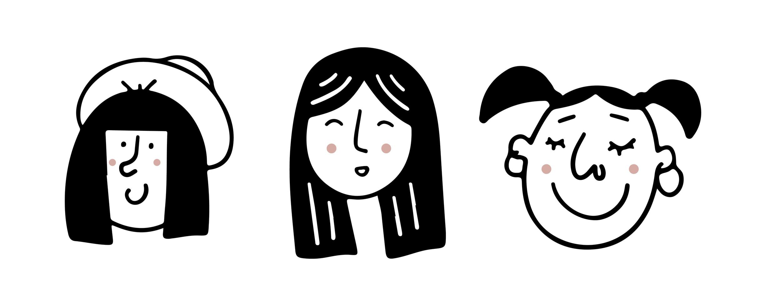 Set of human faces expressing positive emotions. Human faces with wide smiles. Set of cheerful people with happy facial expressions. Vector flat design illustrations isolated on white background.