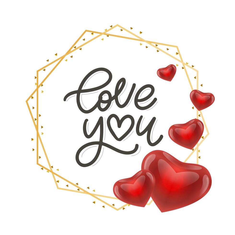 Valentine card Love you with calligraphic lettering on a red background. Vector illustration.