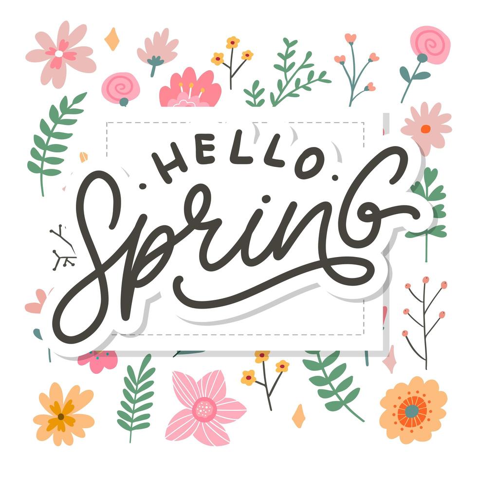 Hello Spring Flowers Text Background Frame lettering slogan vector