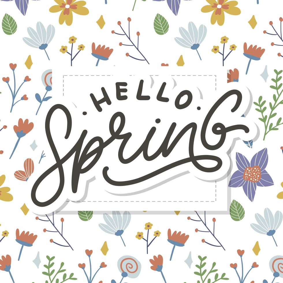 Hello Spring Flowers Text Background Frame lettering slogan vector