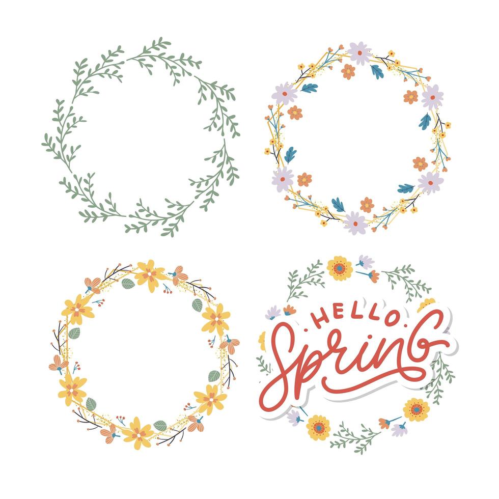 Hello Spring Flowers Text Background Frame lettering slogan vector