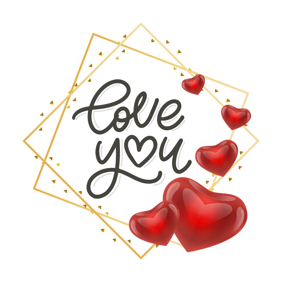 Valentine card Love you with calligraphic lettering on a red background. Vector illustration.