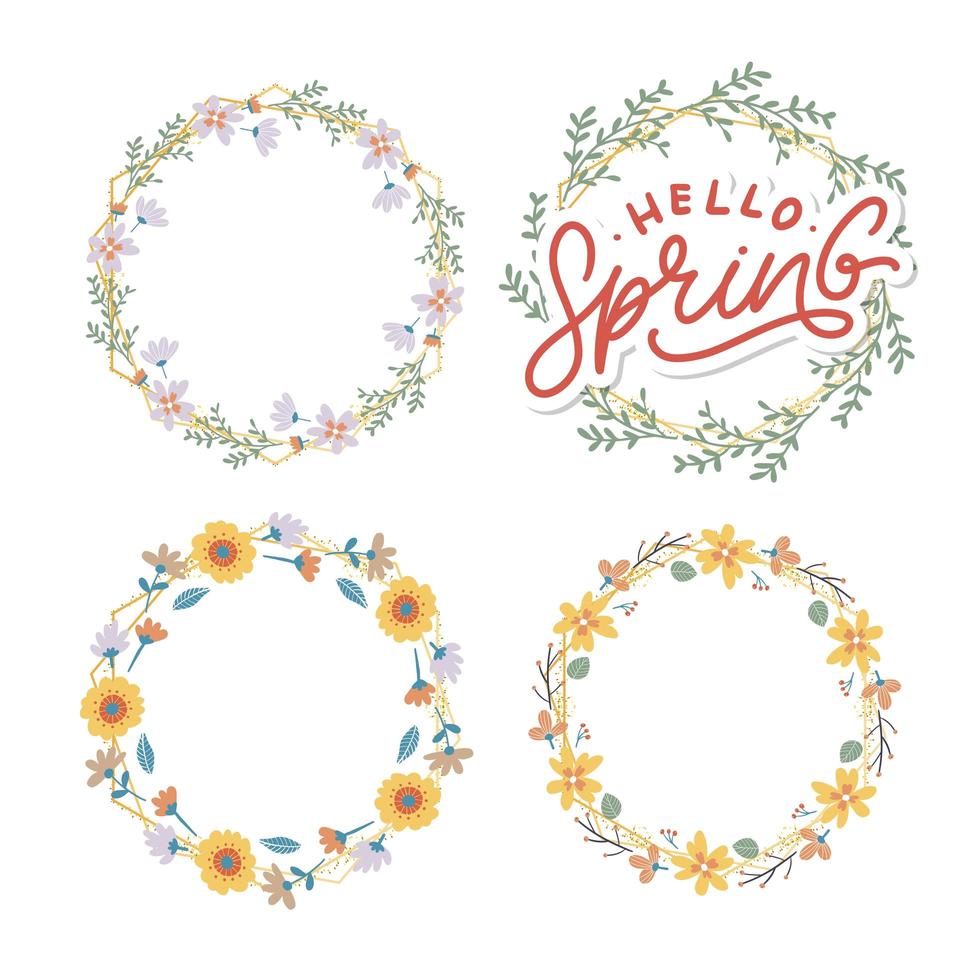 Hello Spring Flowers Text Background Frame lettering slogan vector