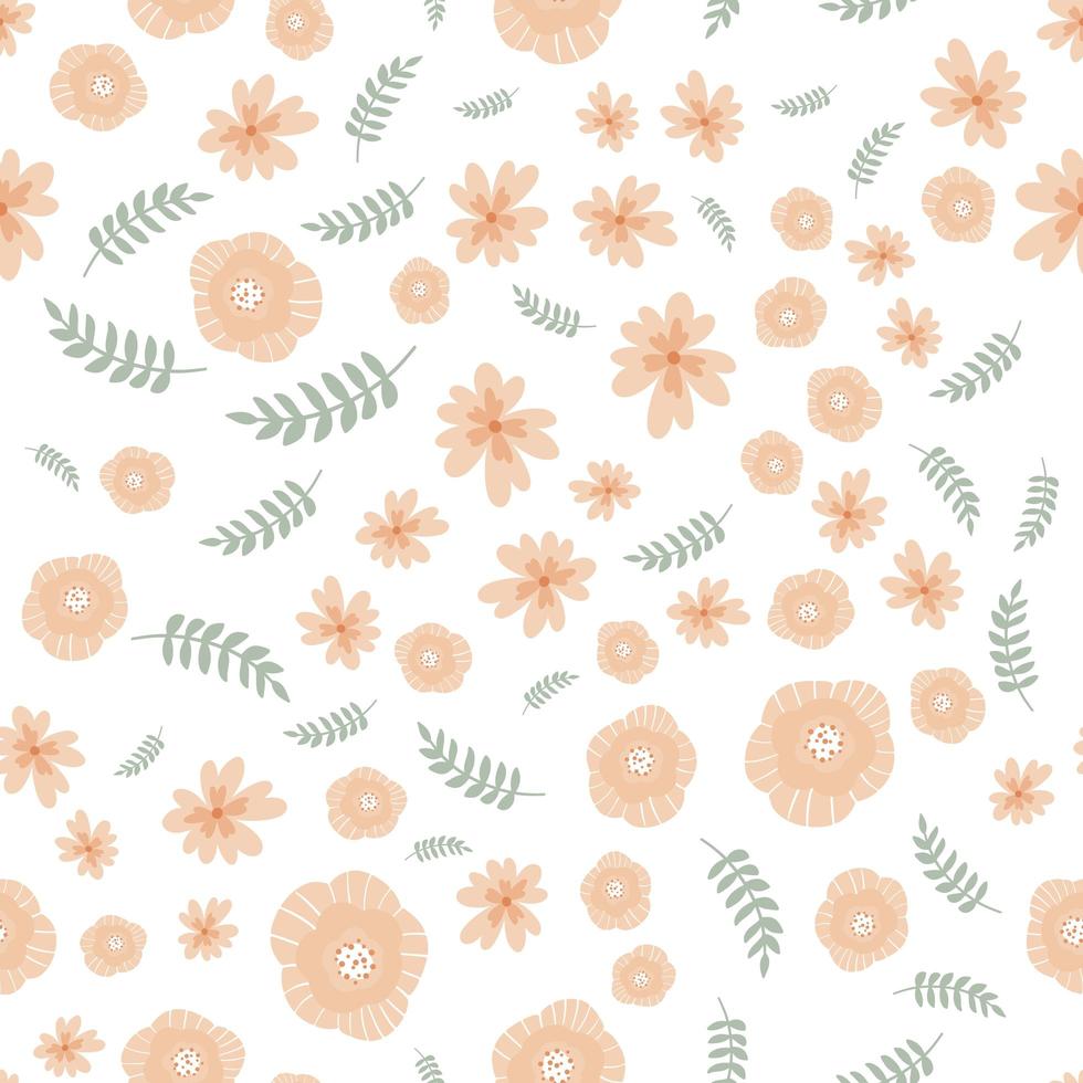 Vector floral pattern in doodle style with flowers and leaves. Gentle, spring floral background.