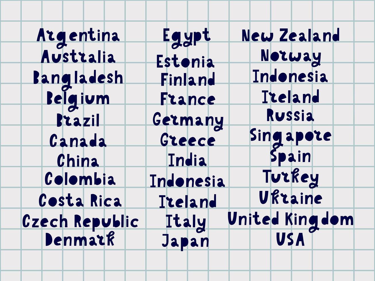 los nombres de los países del mundo. países europeos. letras a mano. vector