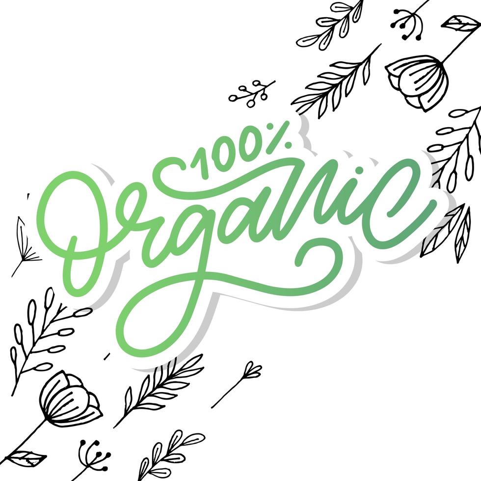 Organic brush lettering. Hand drawn word organic with green leaves. Label, logo template for organic products, healthy food markets. vector
