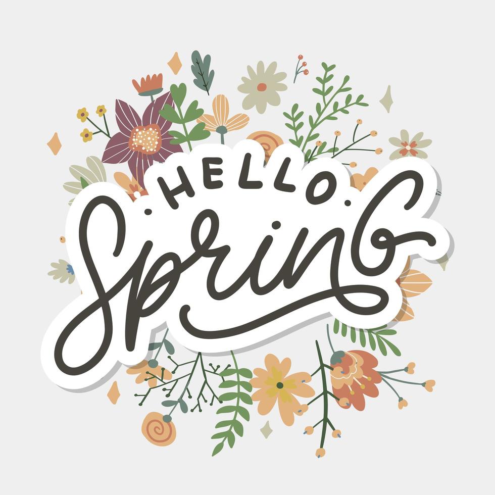 Hello Spring Flowers Text Background Frame lettering slogan vector