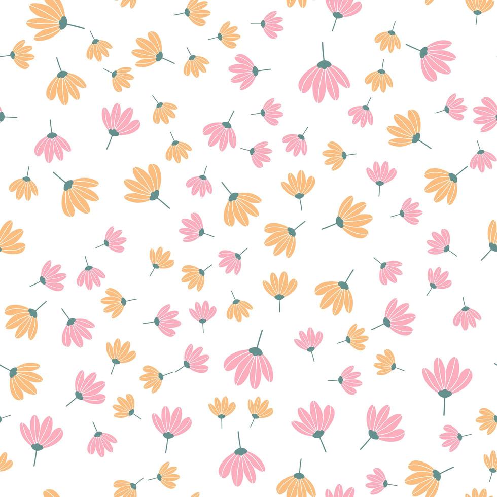 Vector floral pattern in doodle style with flowers and leaves. Gentle, spring floral background.